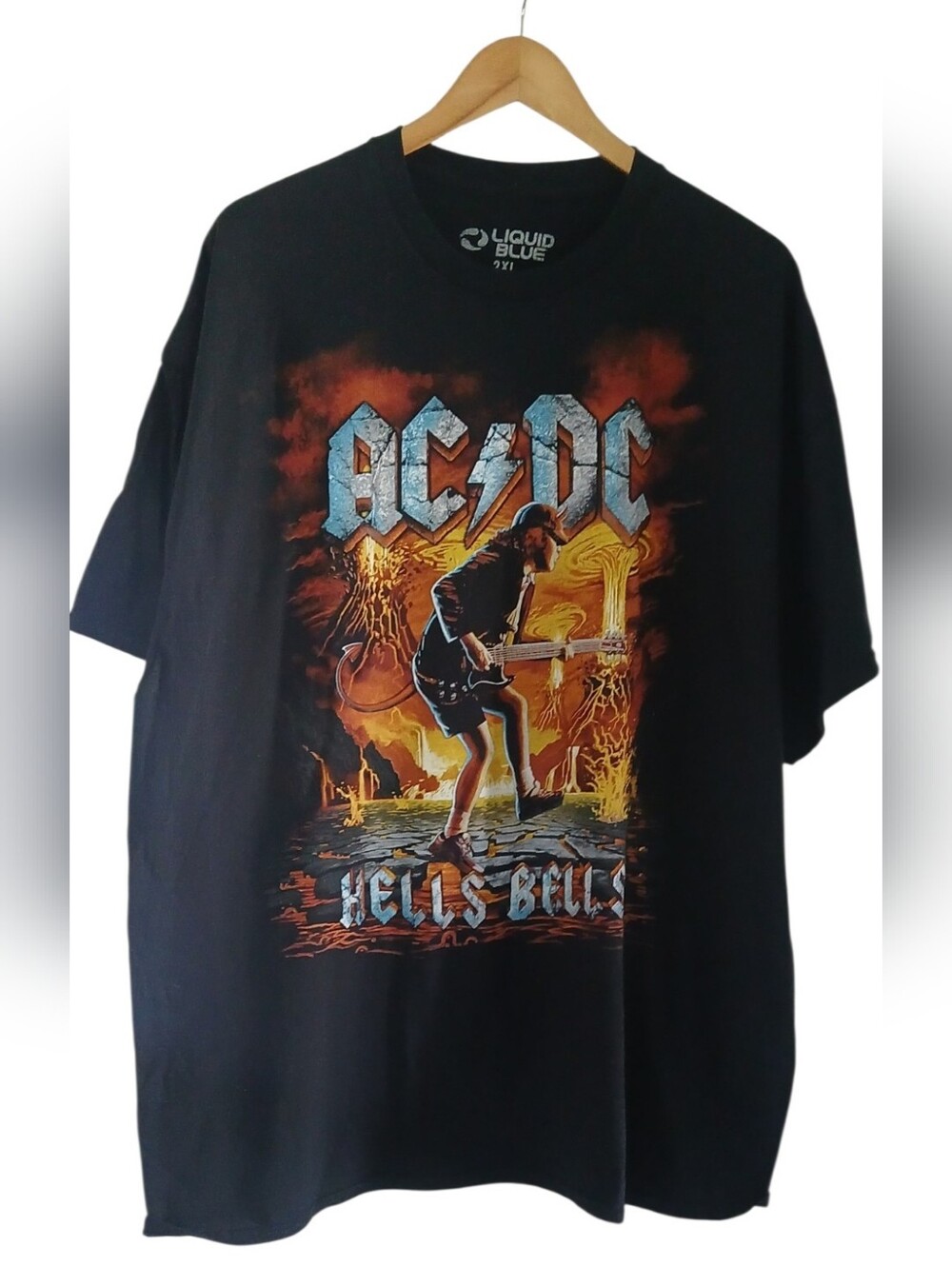 Liquid Blue Black AC/DC Hells Bell Graphic Tee with Orange and Yellow Flames